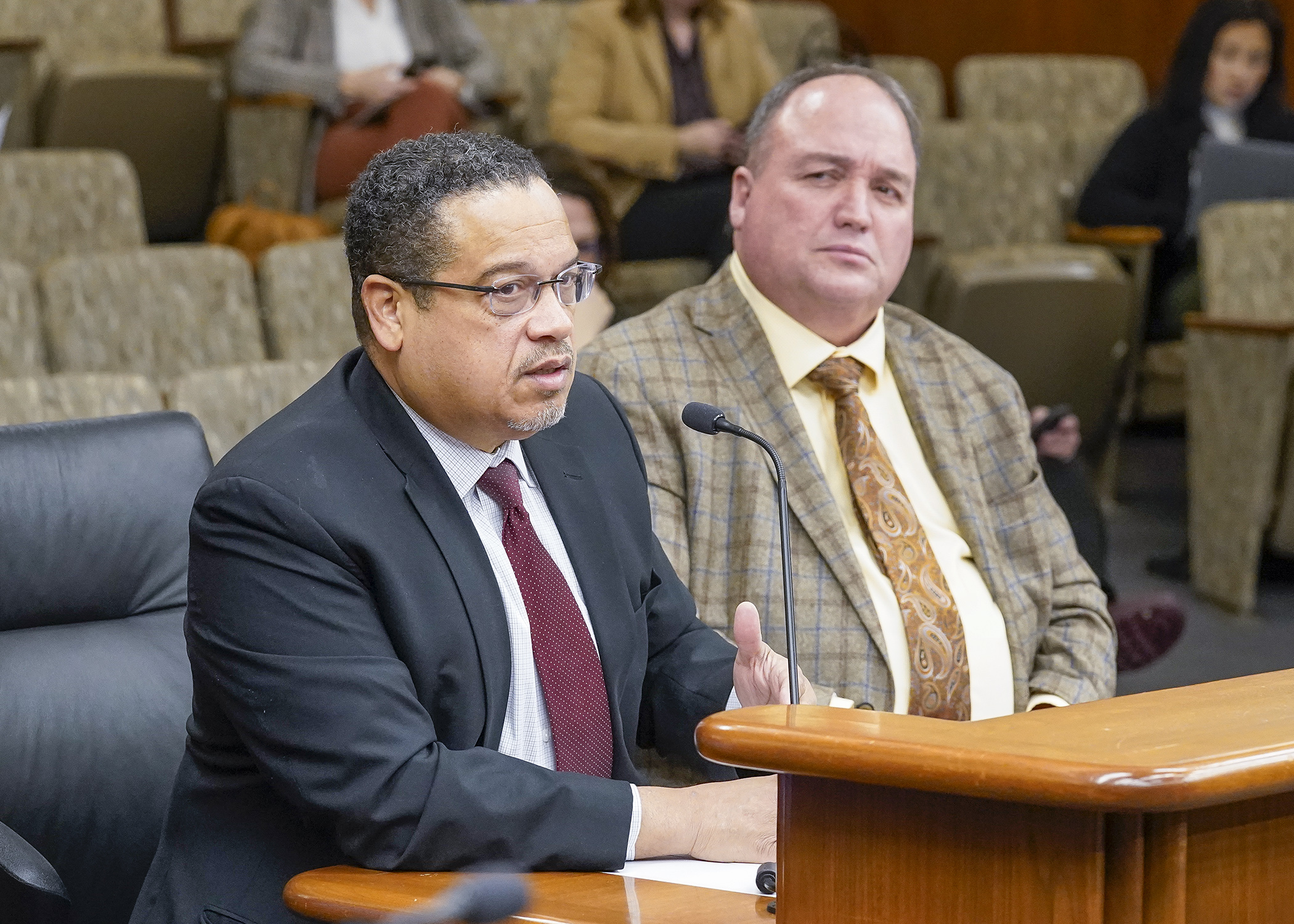 Attorney General Keith Ellison testifies before the House State and Local Government Finance and Policy Committee Jan. 17 in support of a bill that would boost funding for enhanced criminal enforcement and related initiatives. (Photo by Andrew VonBank)